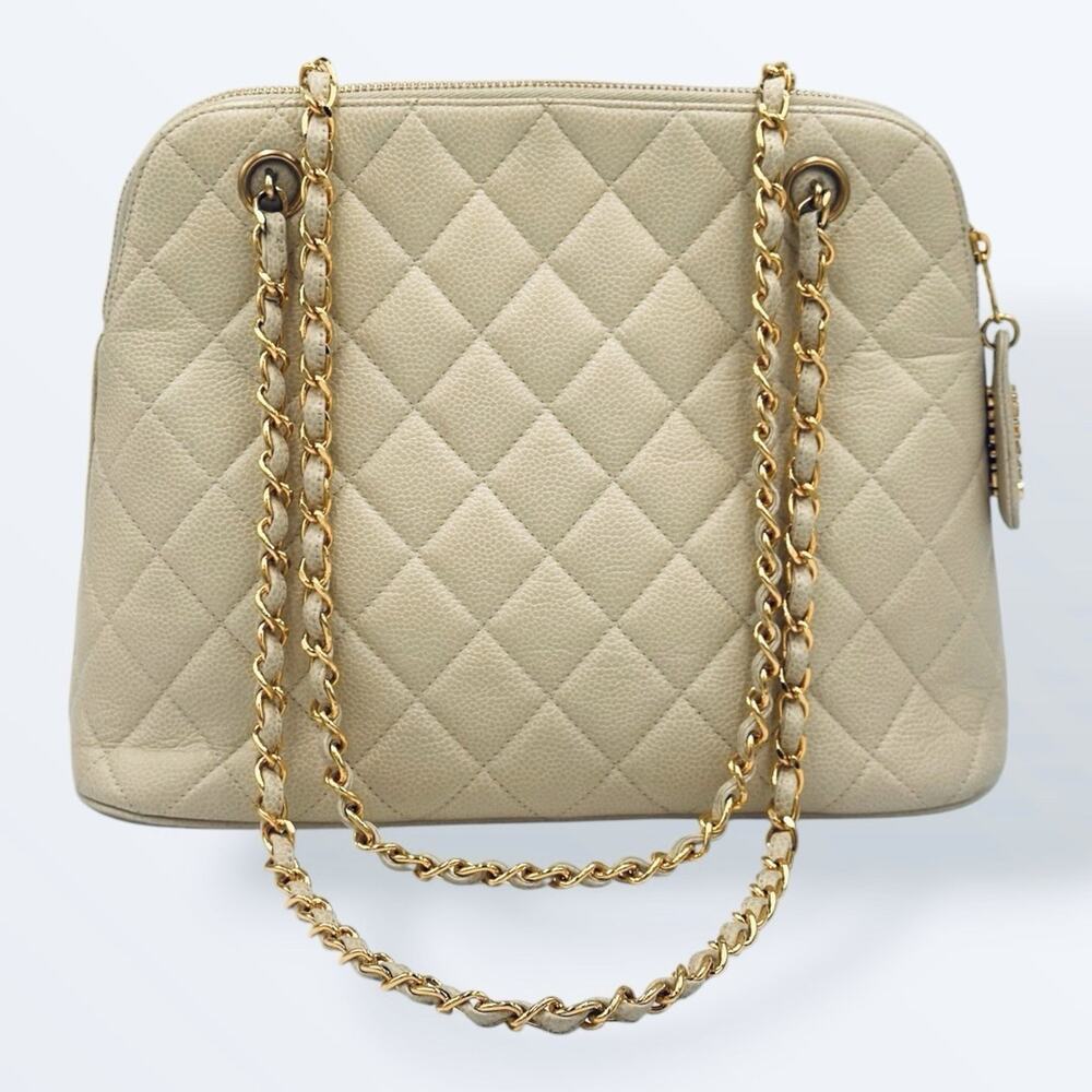 Beige Quilted Caviar Dome Shoulder Bag Gold Hardware